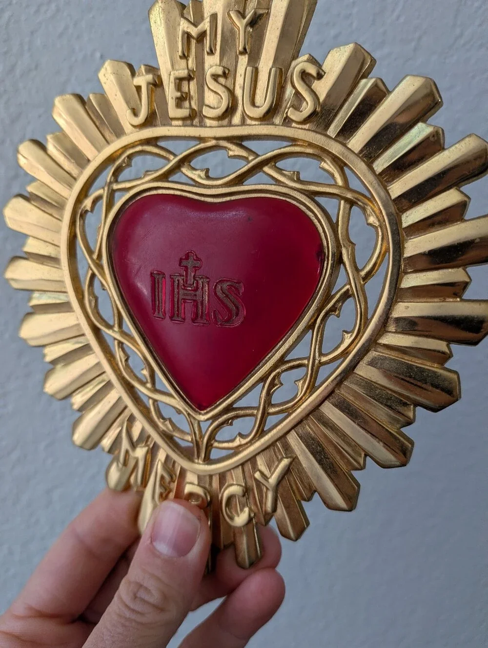 Vintage 1950's Brass Ex Voto My Jesus IHS Mercy Plaque Red Heart Wall Hanging